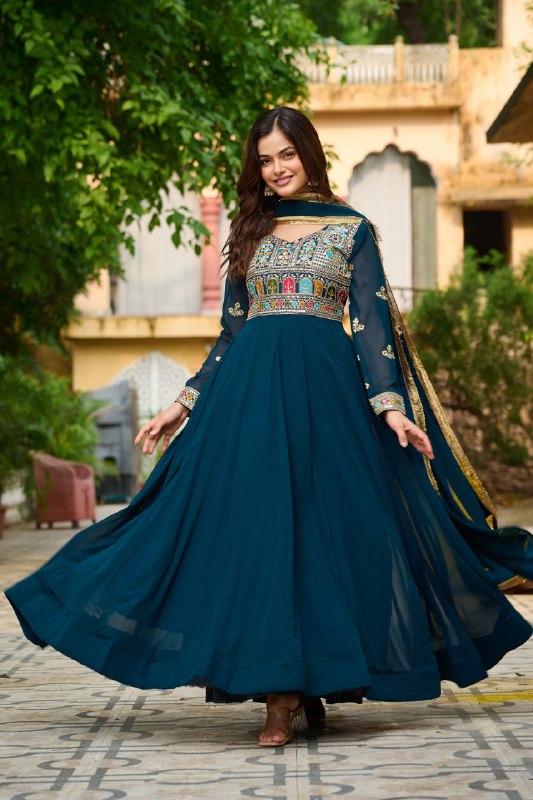 Royal Charm Maroon & Teal with Hand Embroidery Gown Set