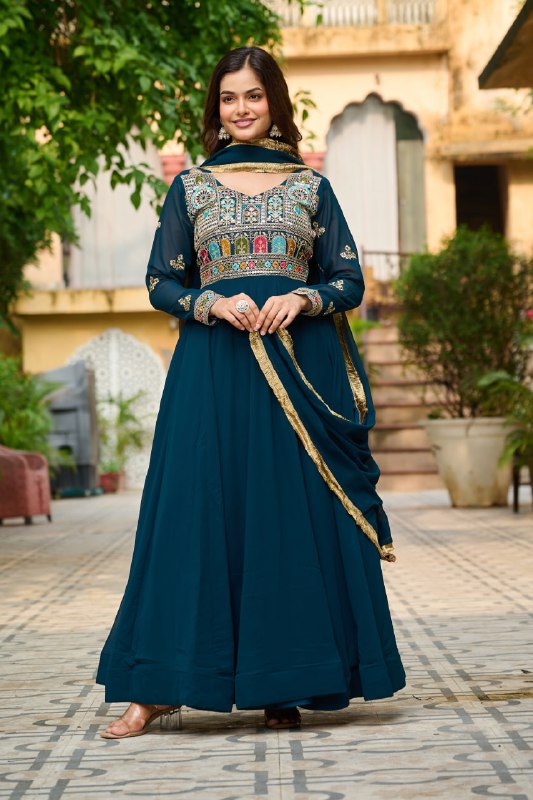 Royal Charm Maroon & Teal with Hand Embroidery Gown Set