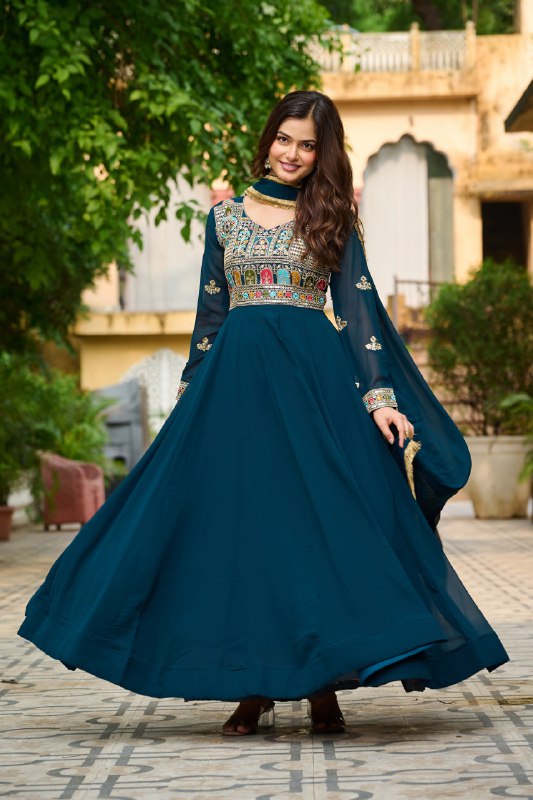 Royal Charm Maroon & Teal with Hand Embroidery Gown Set