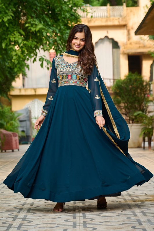 Royal Charm Maroon & Teal with Hand Embroidery Gown Set