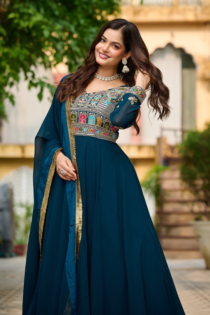 Royal Charm Maroon & Teal with Hand Embroidery Gown Set