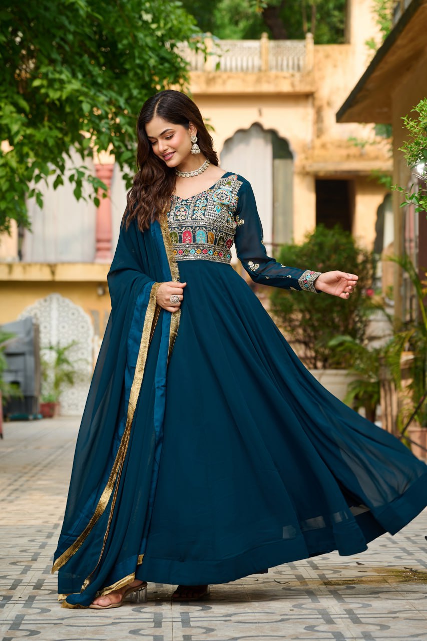 Royal Charm Maroon & Teal with Hand Embroidery Gown Set