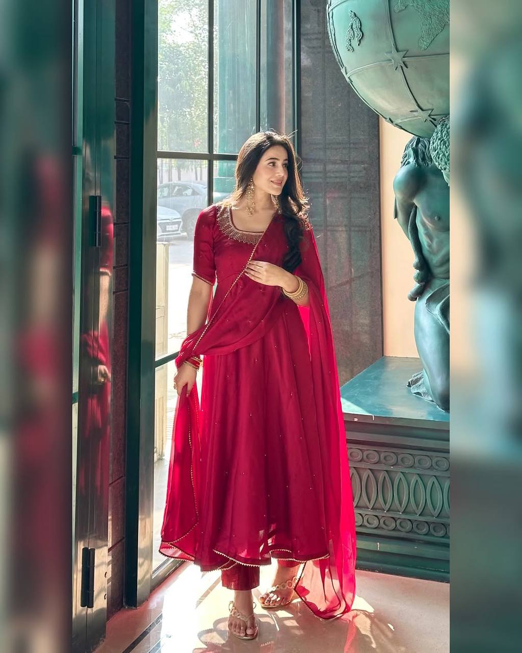 Katie pretty Val Moti work Pink Anarkali Suit Set
