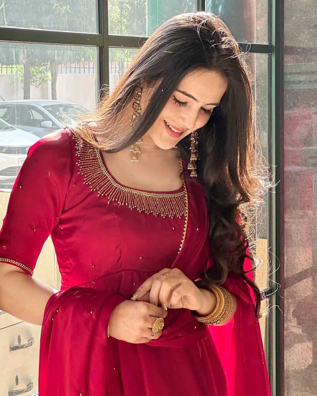 Katie pretty Val Moti work Pink Anarkali Suit Set