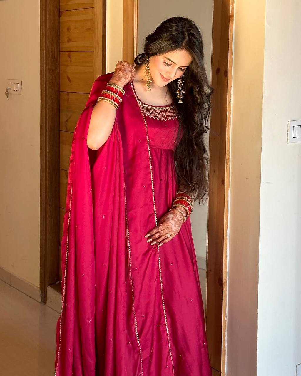 Katie pretty Val Moti work Pink Anarkali Suit Set