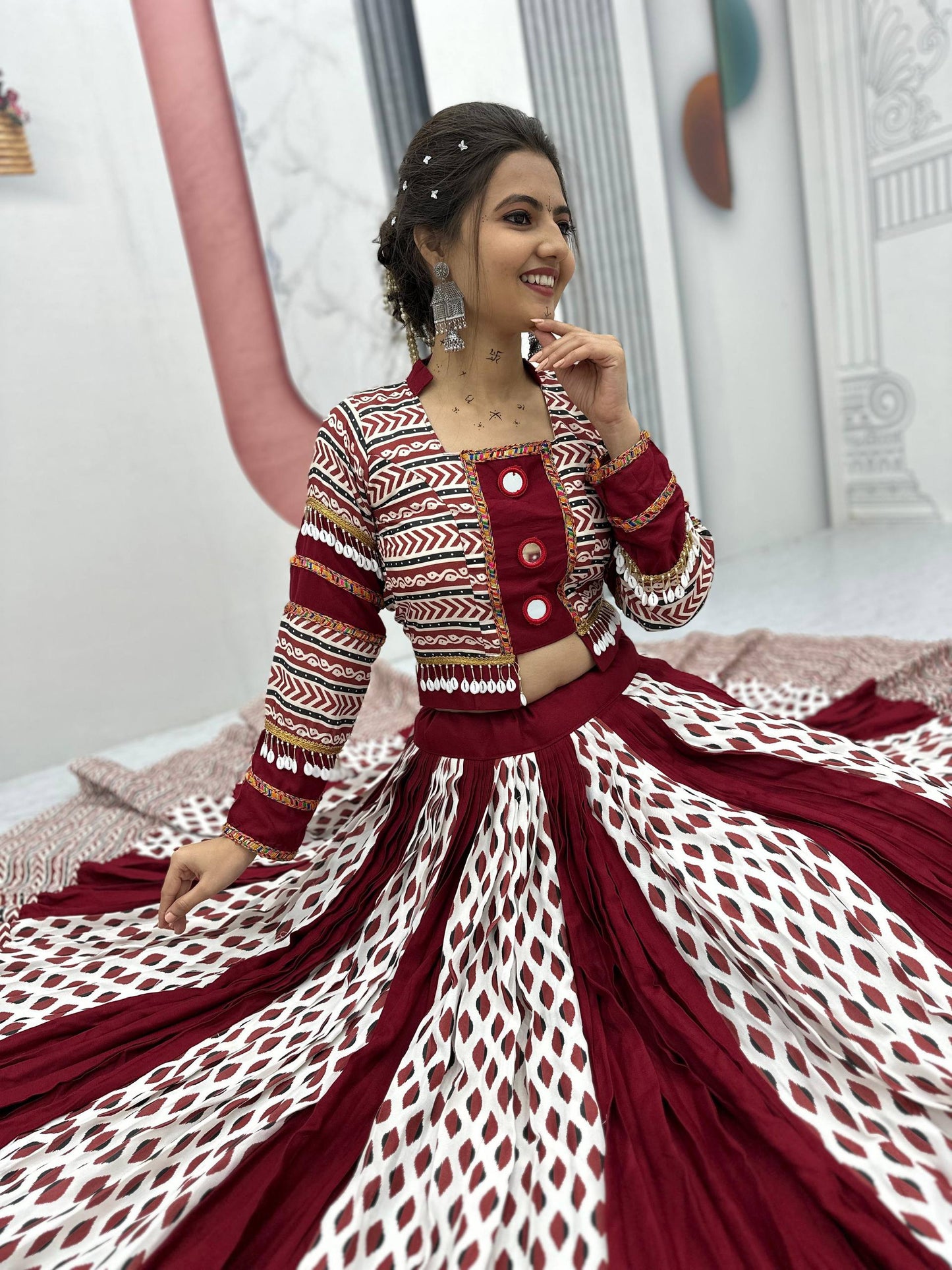 Maroon Melody Ajarakh Print Navratri Lehenga Set