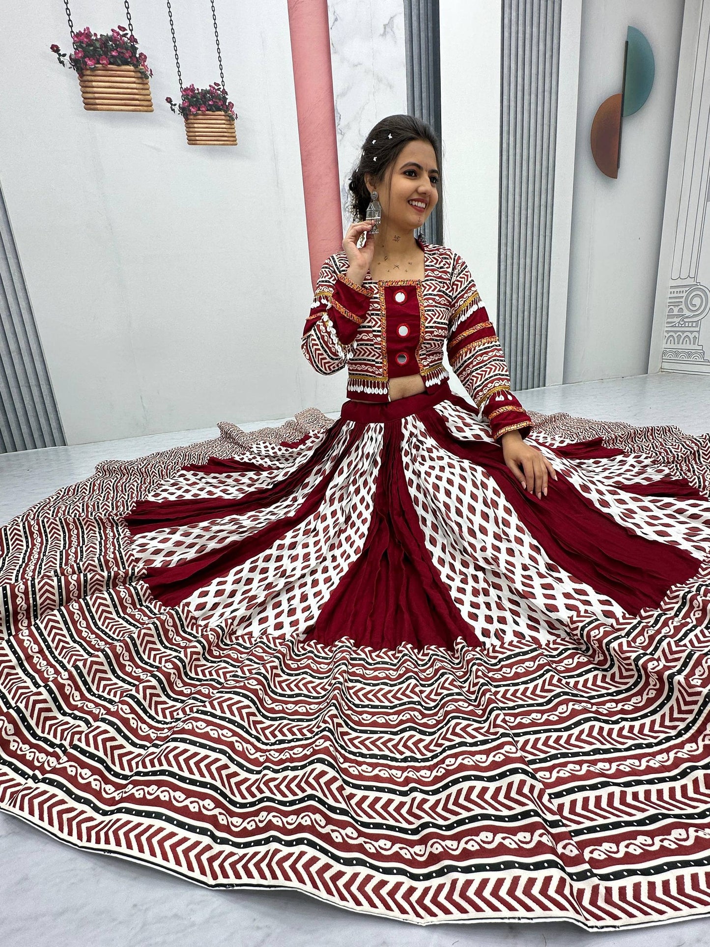 Maroon Melody Ajarakh Print Navratri Lehenga Set