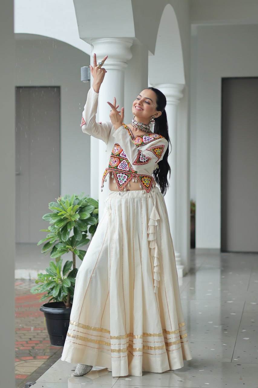 Vibrant Kutchi Work Jacket Classic White Lehenga Set