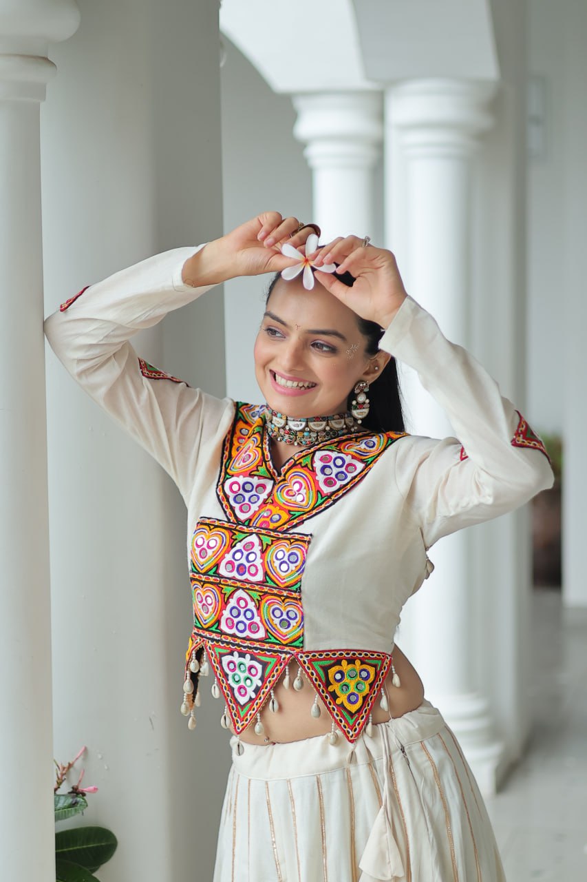 Vibrant Kutchi Work Jacket Classic White Lehenga Set