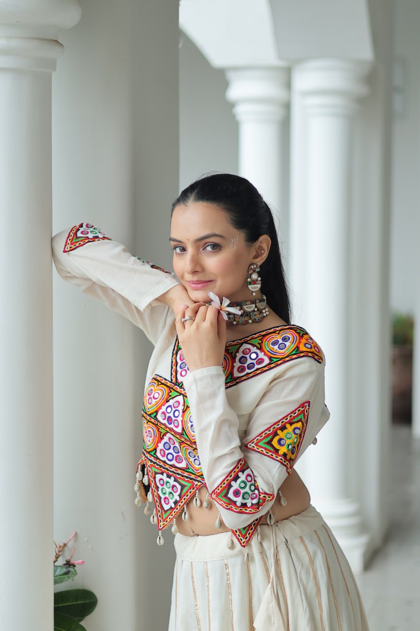 Vibrant Kutchi Work Jacket Classic White Lehenga Set