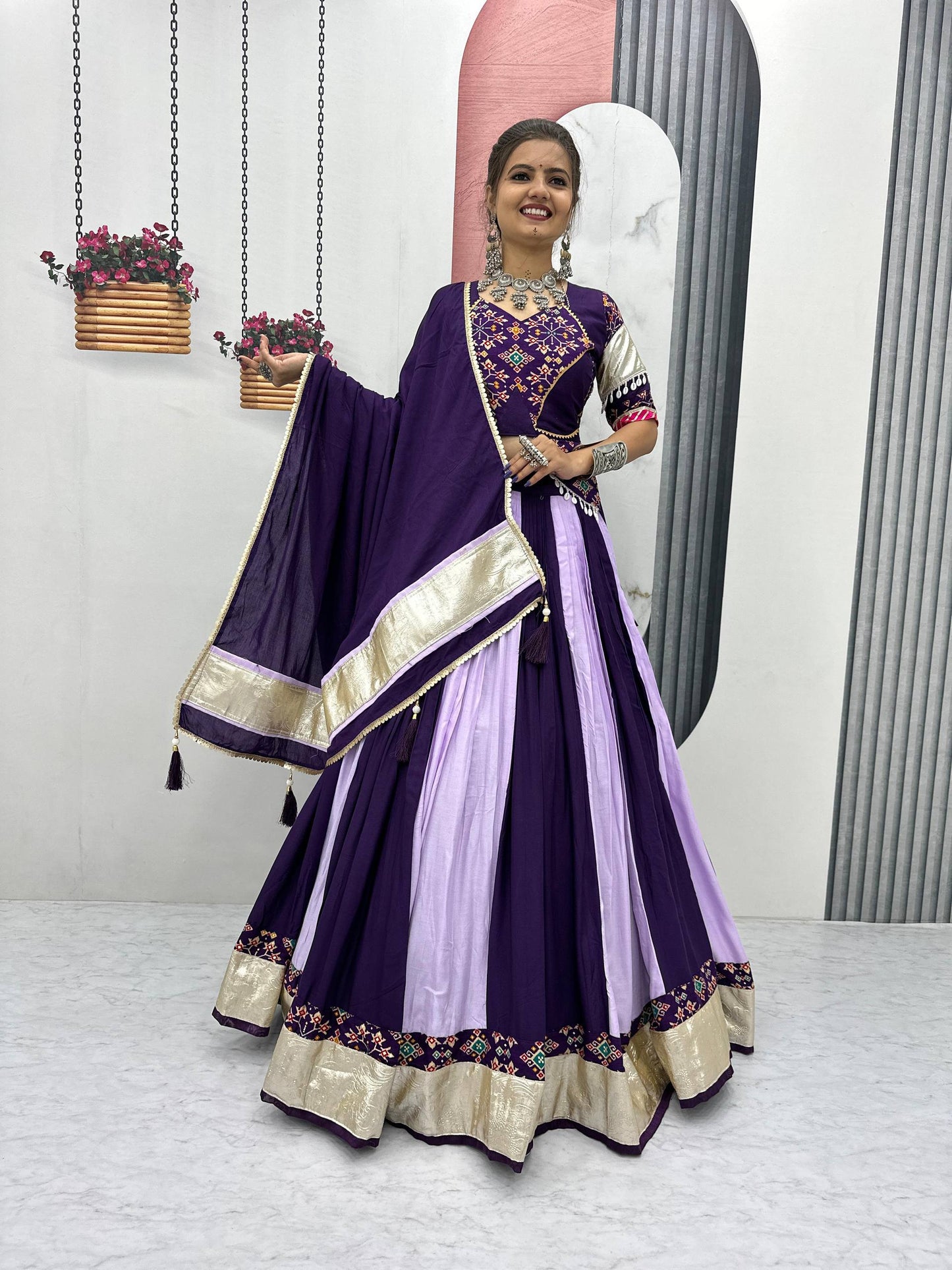 Vrinda's Vibrant Virasat Green & Purple Gamthi Navratri Lehenga Set