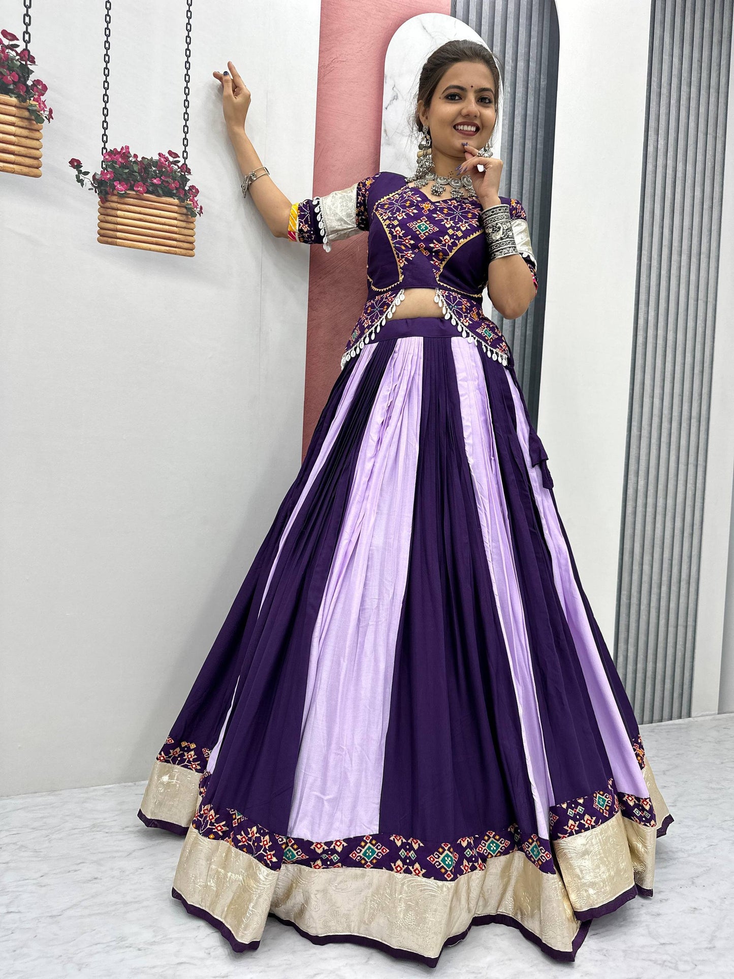 Vrinda's Vibrant Virasat Green & Purple Gamthi Navratri Lehenga Set