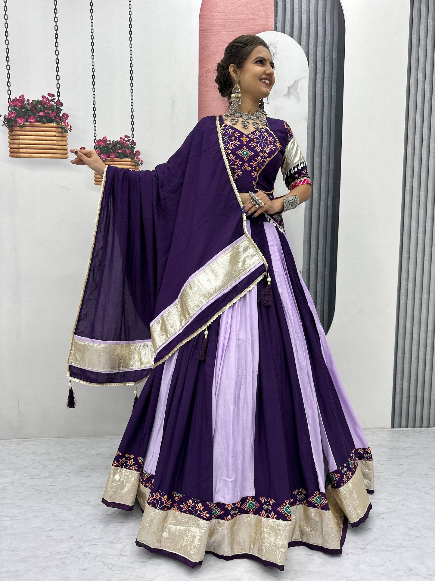 Vrinda's Vibrant Virasat Green & Purple Gamthi Navratri Lehenga Set