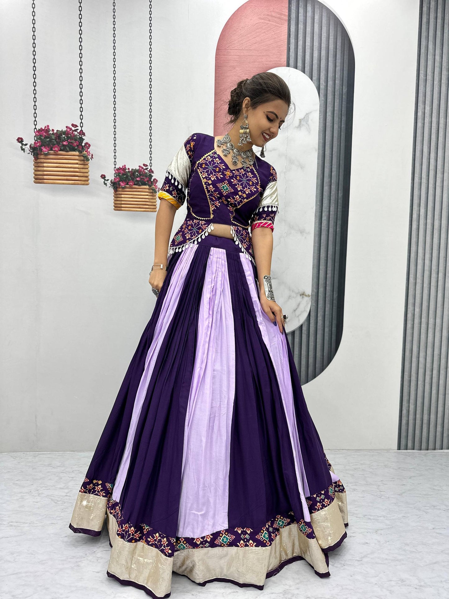 Vrinda's Vibrant Virasat Green & Purple Gamthi Navratri Lehenga Set