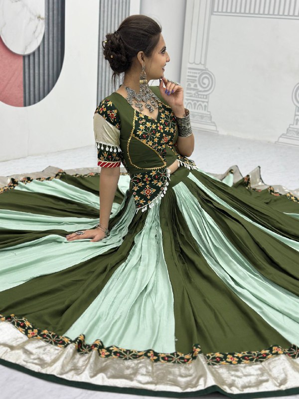 Vrinda's Vibrant Virasat Green & Purple Gamthi Navratri Lehenga Set