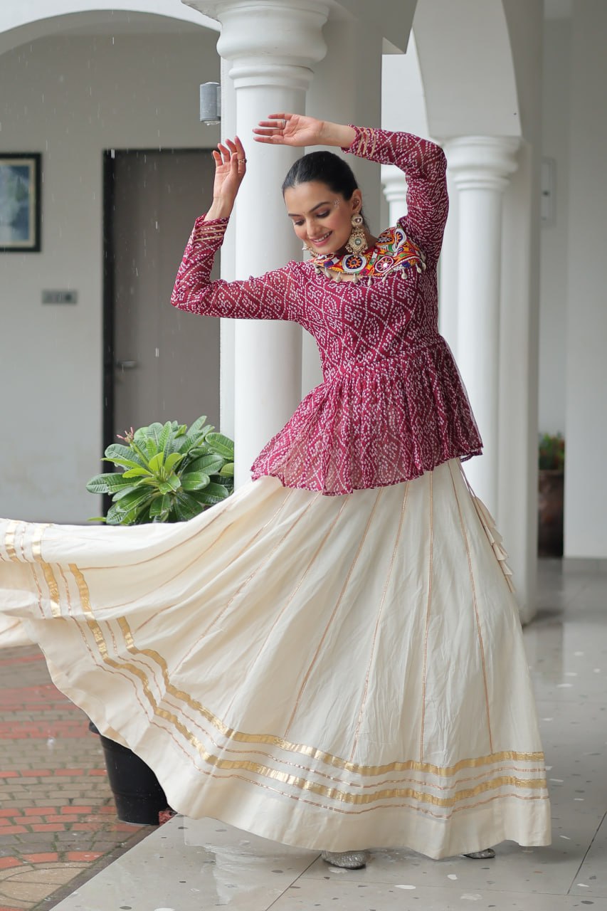 Devika’s Traditional Bandhani Print WIth Mirror Neckline Cream Flared Lehenga