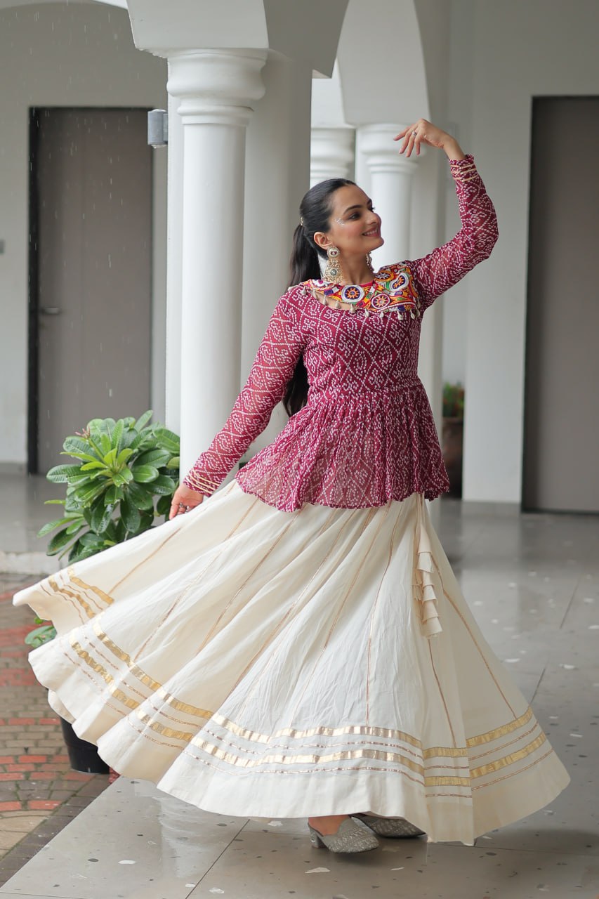 Devika’s Traditional Bandhani Print WIth Mirror Neckline Cream Flared Lehenga