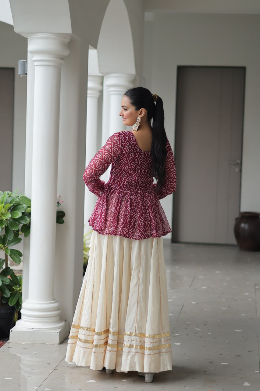 Devika’s Traditional Bandhani Print WIth Mirror Neckline Cream Flared Lehenga