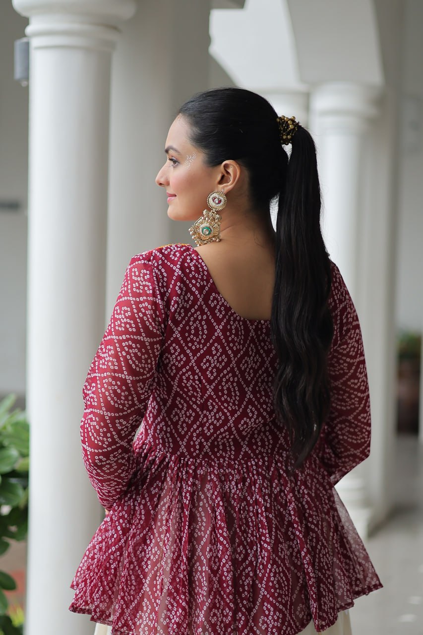 Devika’s Traditional Bandhani Print WIth Mirror Neckline Cream Flared Lehenga