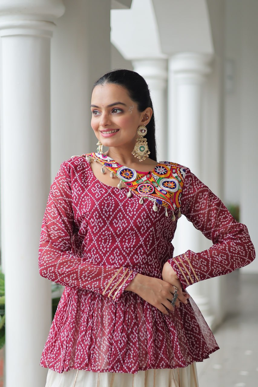 Devika’s Traditional Bandhani Print WIth Mirror Neckline Cream Flared Lehenga