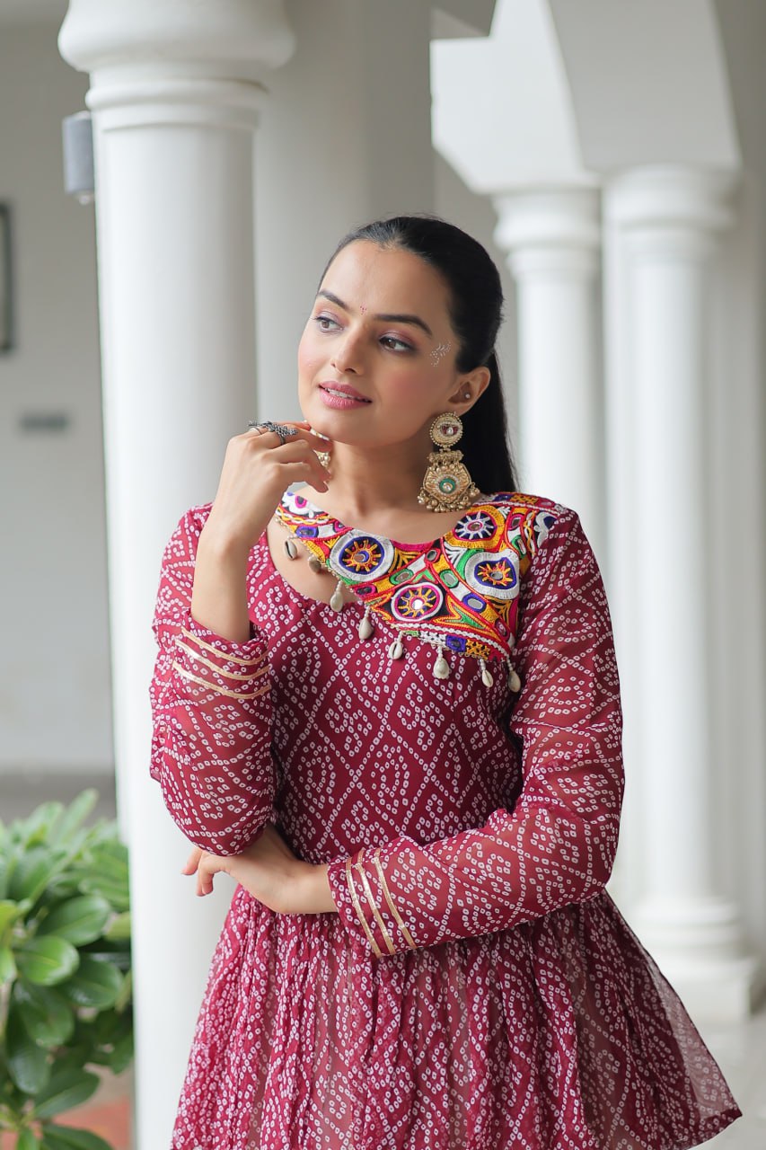 Devika’s Traditional Bandhani Print WIth Mirror Neckline Cream Flared Lehenga