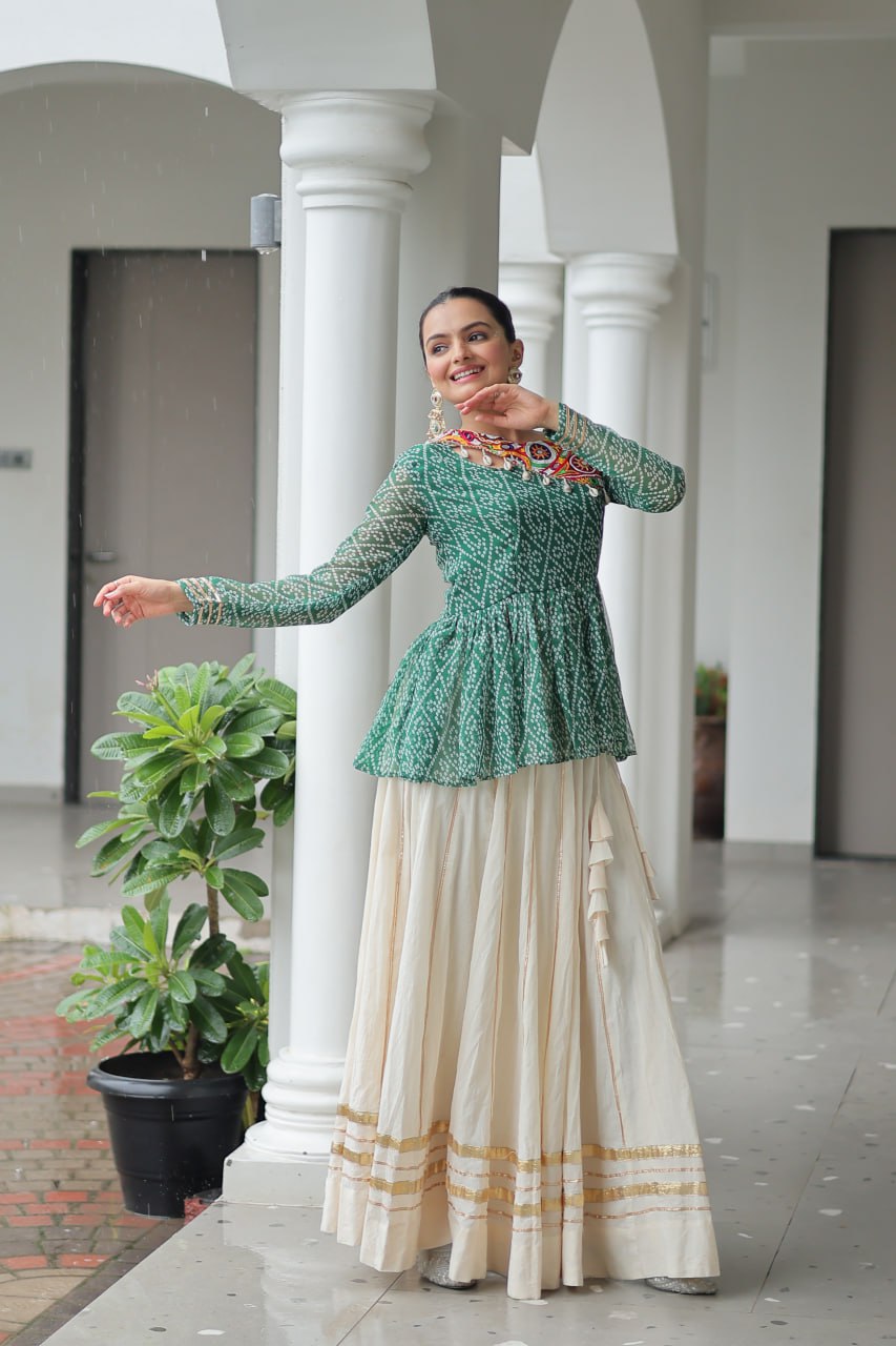 Devika’s Traditional Bandhani Print WIth Mirror Neckline Cream Flared Lehenga