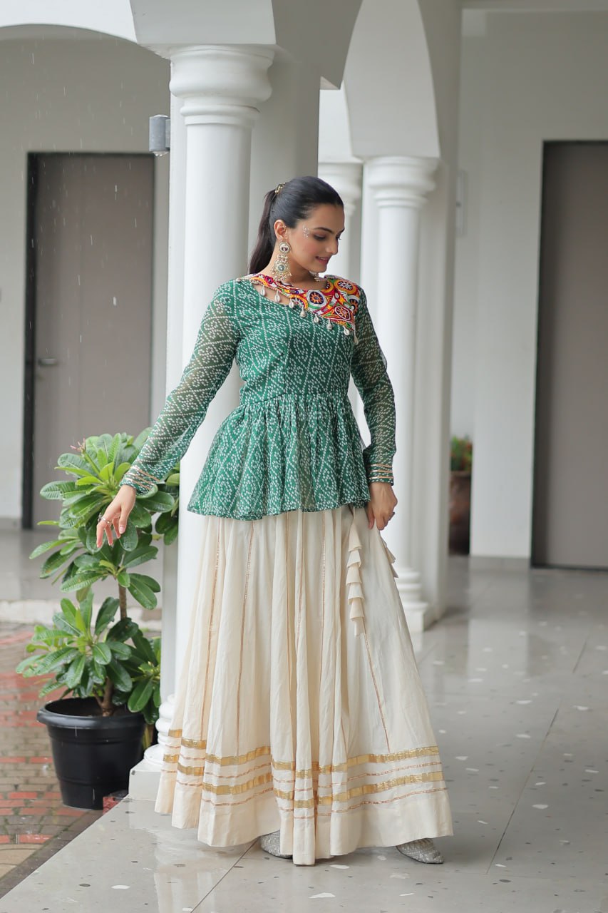 Devika’s Traditional Bandhani Print WIth Mirror Neckline Cream Flared Lehenga