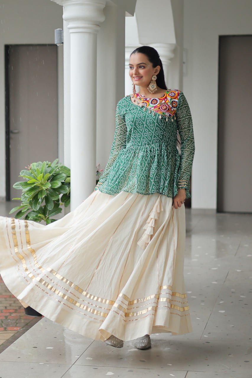 Devika’s Traditional Bandhani Print WIth Mirror Neckline Cream Flared Lehenga
