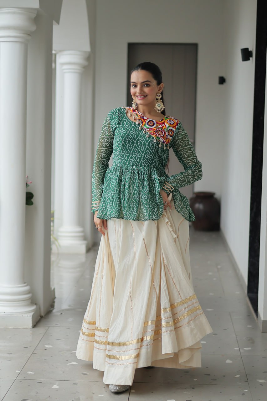 Devika’s Traditional Bandhani Print WIth Mirror Neckline Cream Flared Lehenga