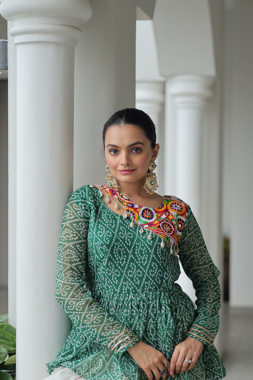 Devika’s Traditional Bandhani Print WIth Mirror Neckline Cream Flared Lehenga