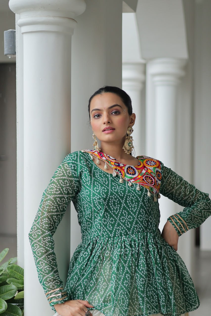 Devika’s Traditional Bandhani Print WIth Mirror Neckline Cream Flared Lehenga