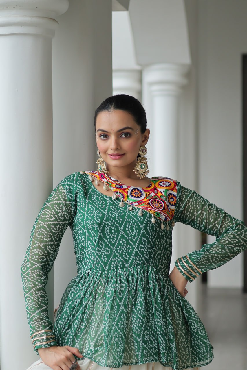 Devika’s Traditional Bandhani Print WIth Mirror Neckline Cream Flared Lehenga