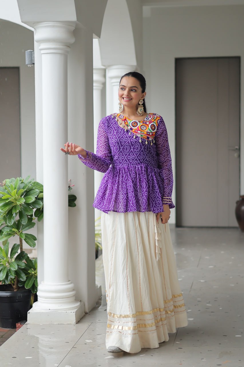 Devika’s Traditional Bandhani Print WIth Mirror Neckline Cream Flared Lehenga