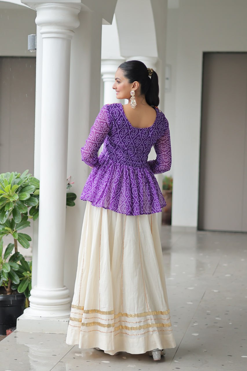 Devika’s Traditional Bandhani Print WIth Mirror Neckline Cream Flared Lehenga