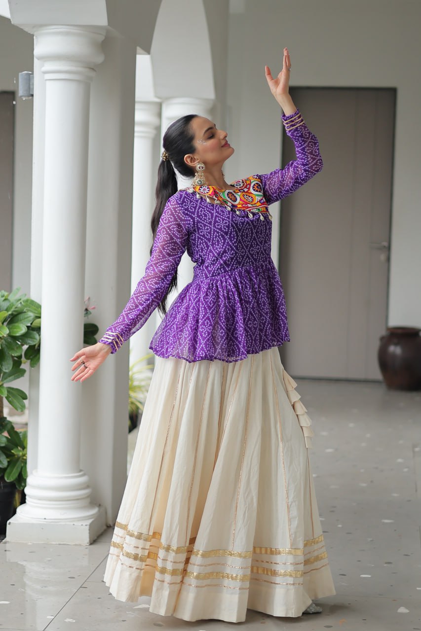 Devika’s Traditional Bandhani Print WIth Mirror Neckline Cream Flared Lehenga