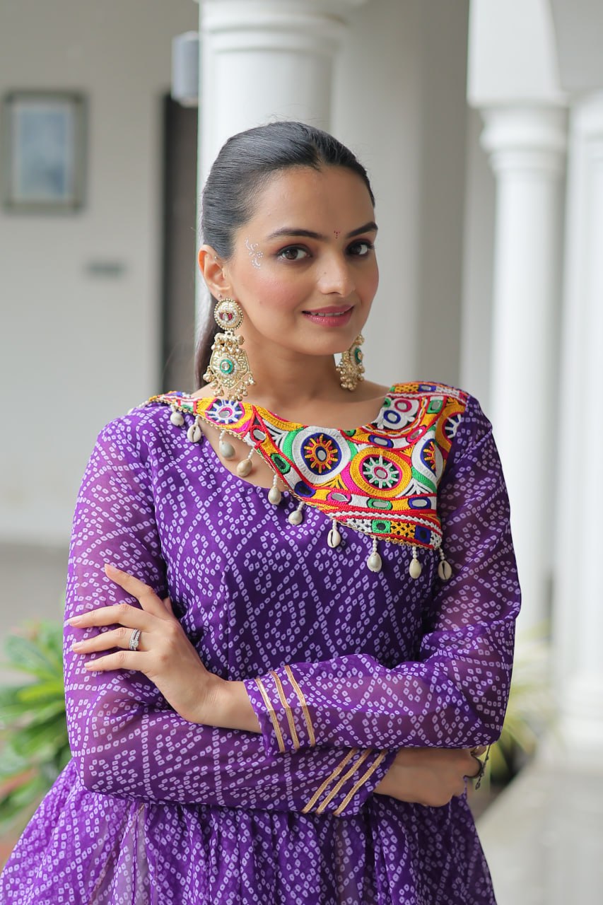 Devika’s Traditional Bandhani Print WIth Mirror Neckline Cream Flared Lehenga