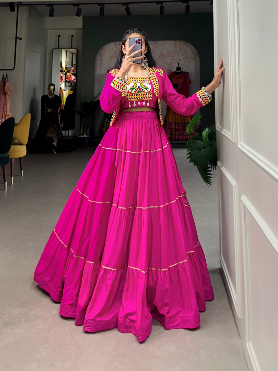 Jhamkudi Raas Mirror Embellished With Gota Patti Lehenga Set