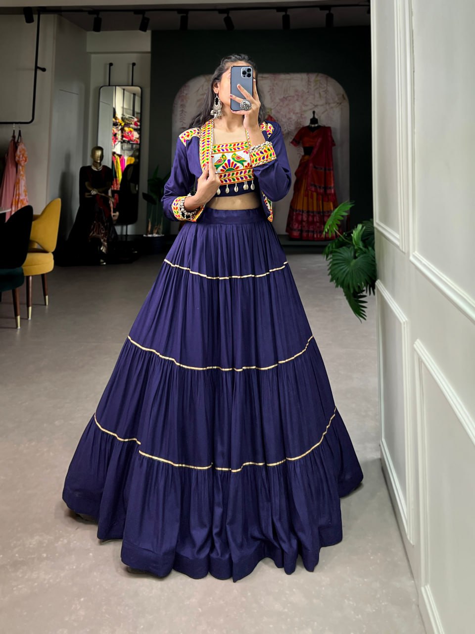 Jhamkudi Raas Mirror Embellished With Gota Patti Lehenga Set