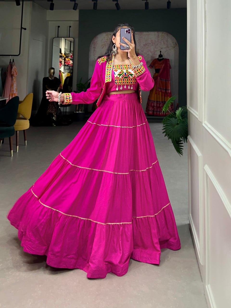 Jhamkudi Raas Mirror Embellished With Gota Patti Lehenga Set