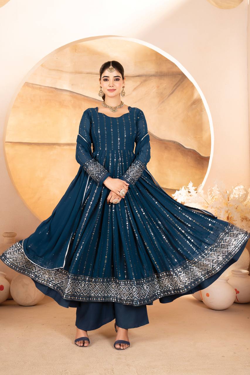 Neelika Shine Foil Print in Royal Blue Anarkali Set