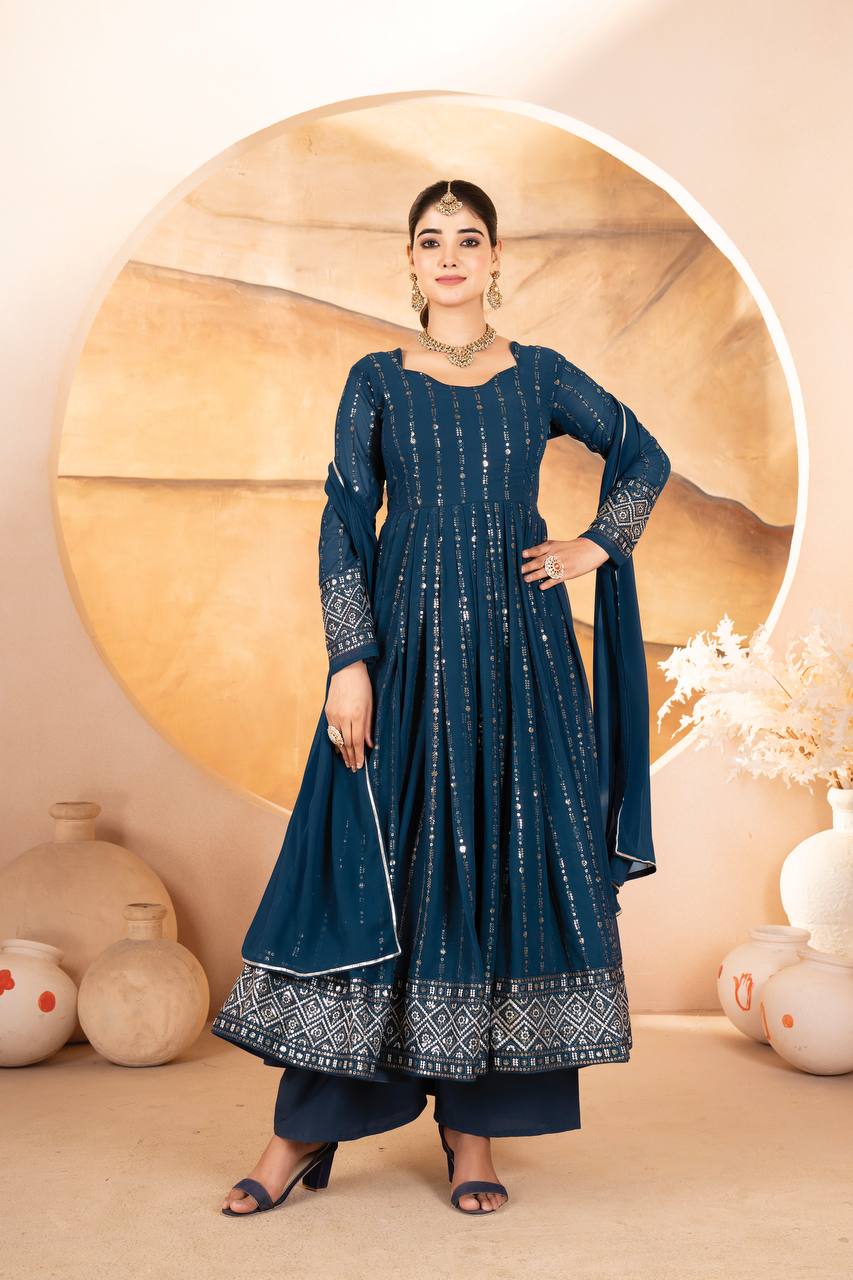 Neelika Shine Foil Print in Royal Blue Anarkali Set