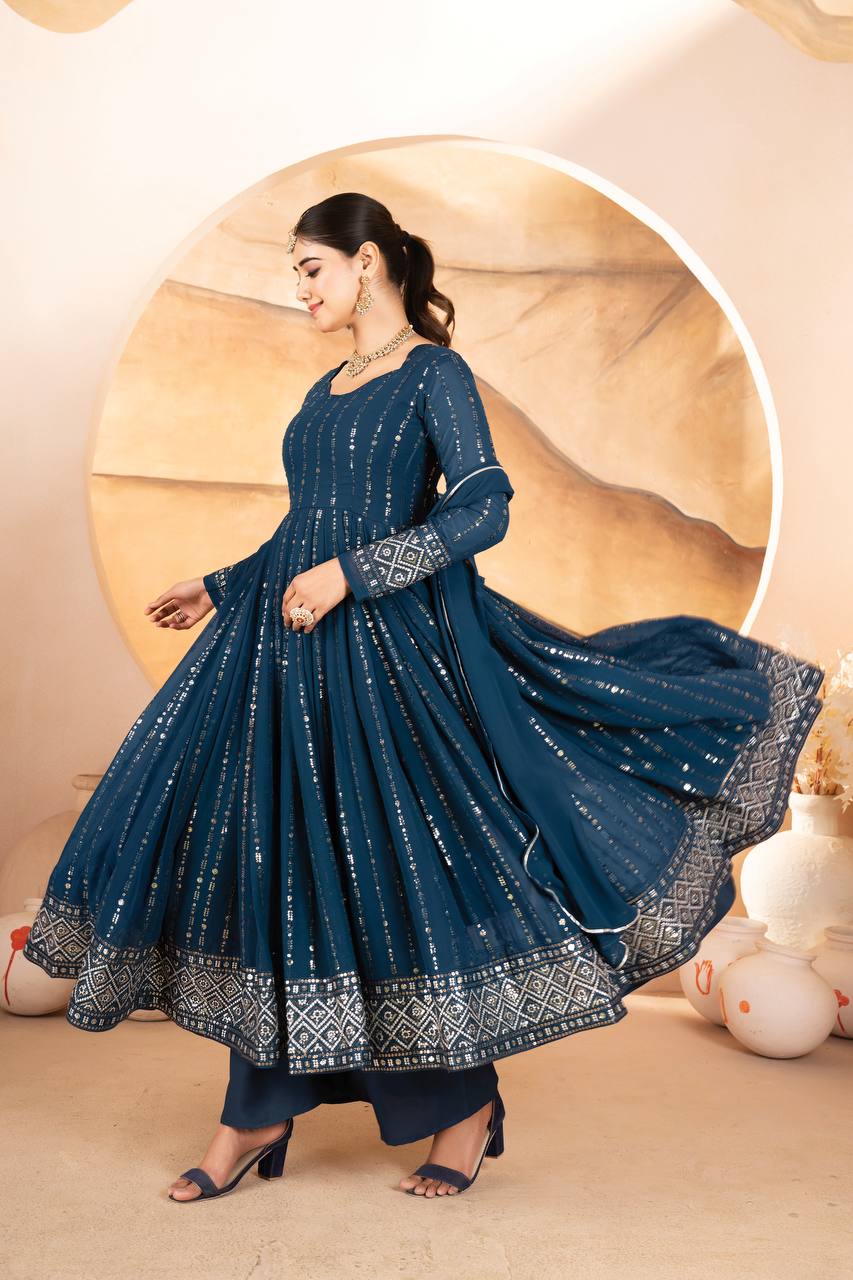Neelika Shine Foil Print in Royal Blue Anarkali Set