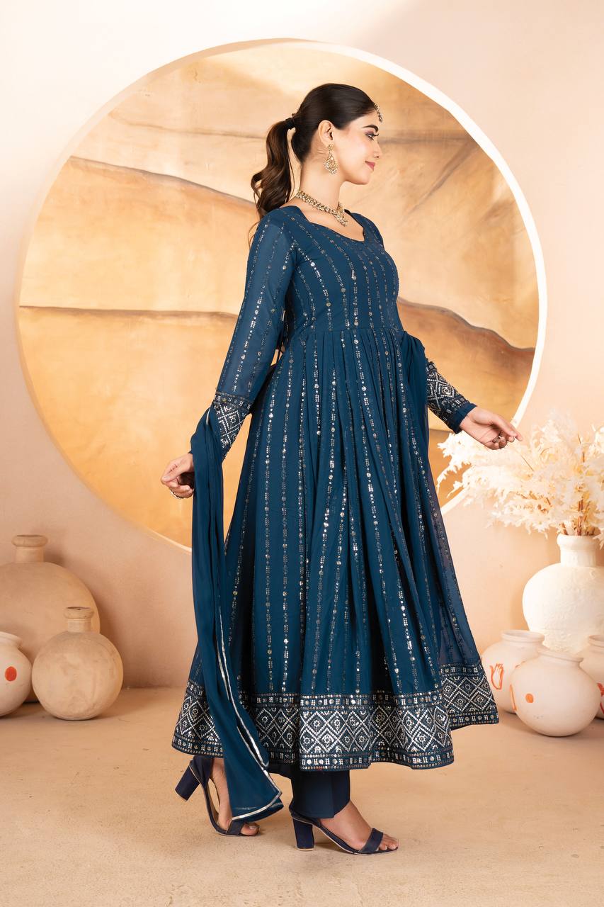 Neelika Shine Foil Print in Royal Blue Anarkali Set