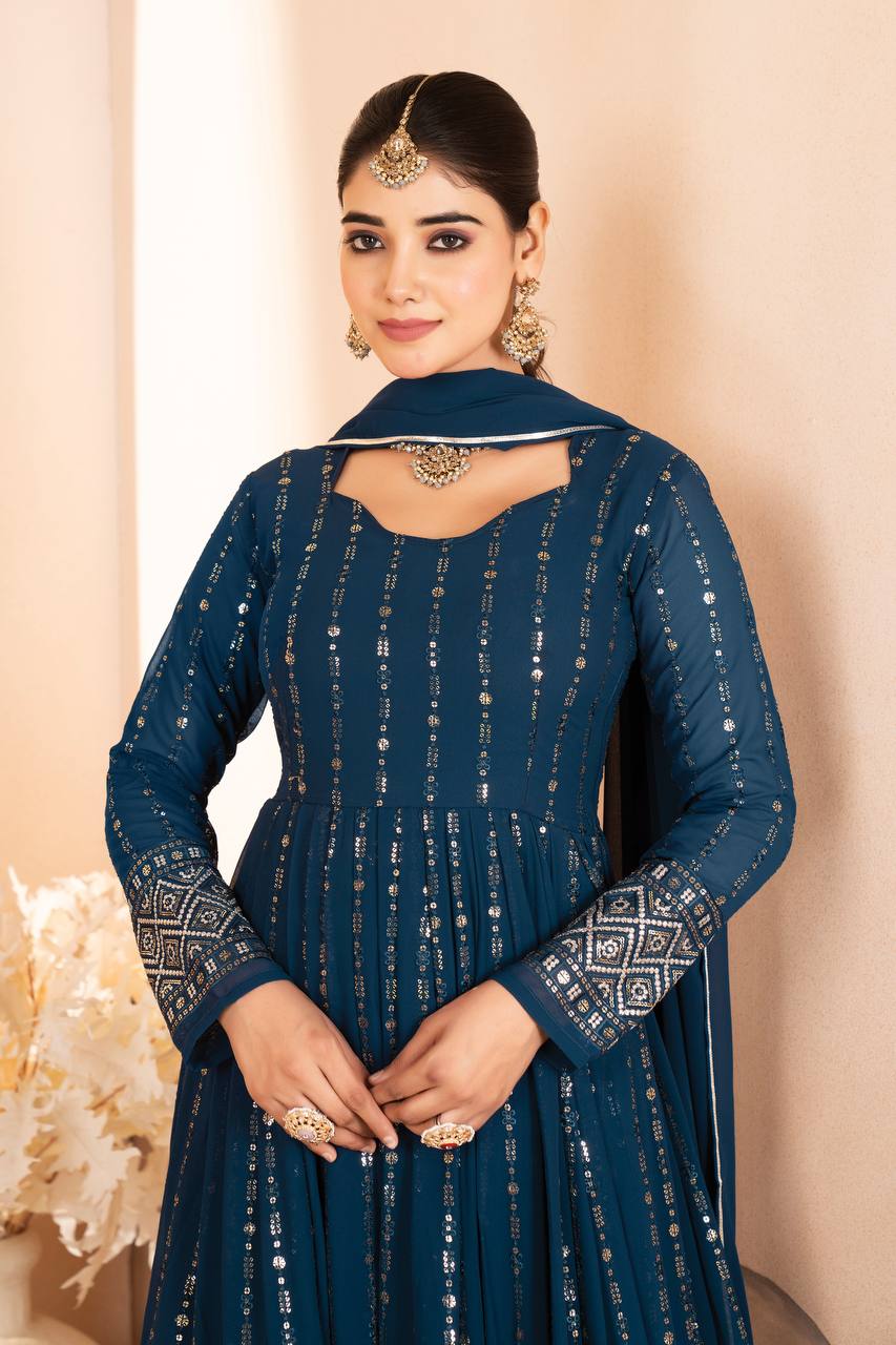 Neelika Shine Foil Print in Royal Blue Anarkali Set