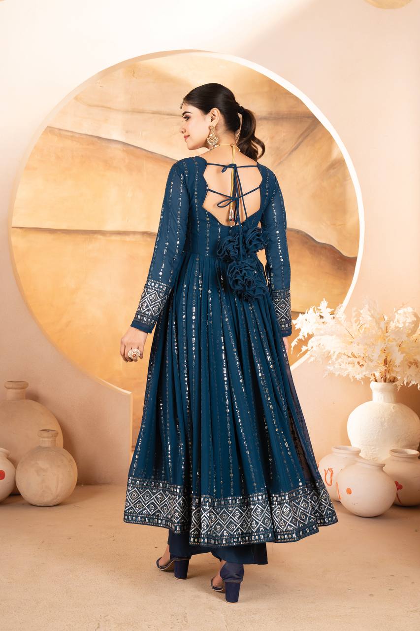 Neelika Shine Foil Print in Royal Blue Anarkali Set