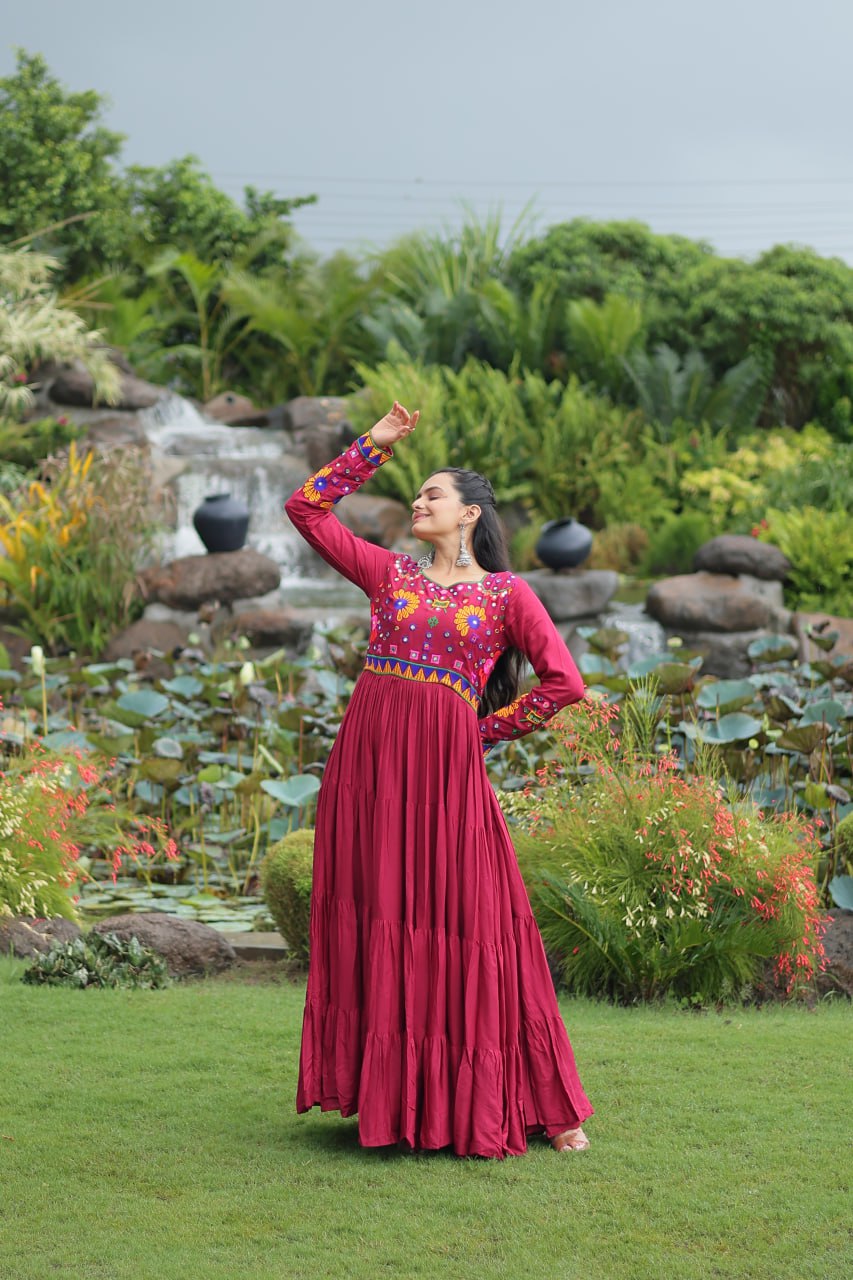 Navratri Glow Maroon Mirror Magic Gown