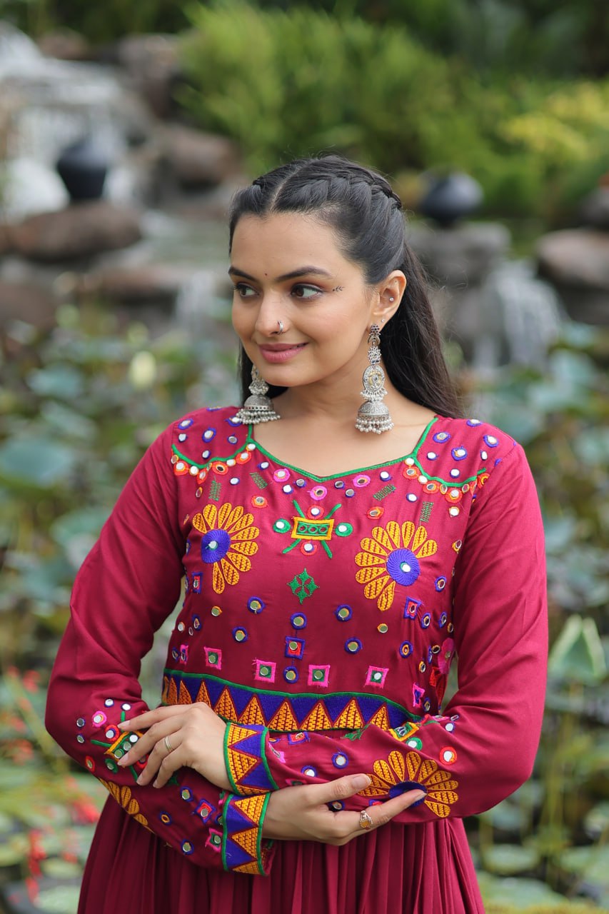 Navratri Glow Maroon Mirror Magic Gown