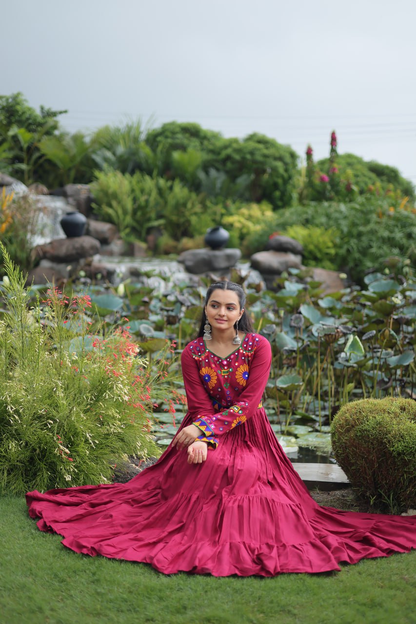 Navratri Glow Maroon Mirror Magic Gown
