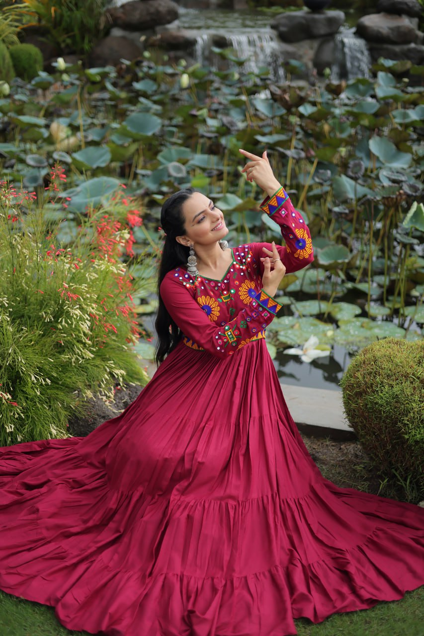 Navratri Glow Maroon Mirror Magic Gown