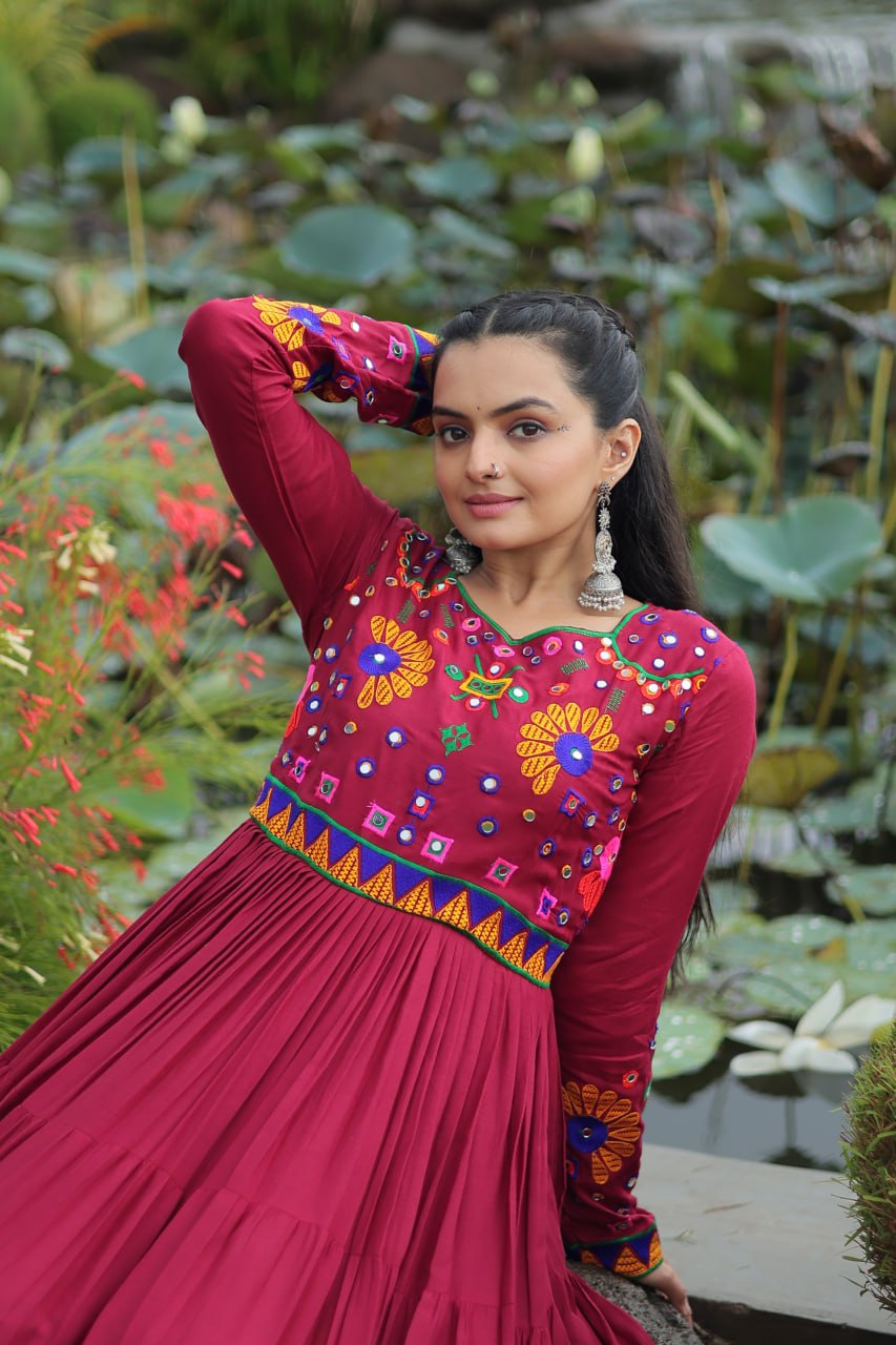 Navratri Glow Maroon Mirror Magic Gown